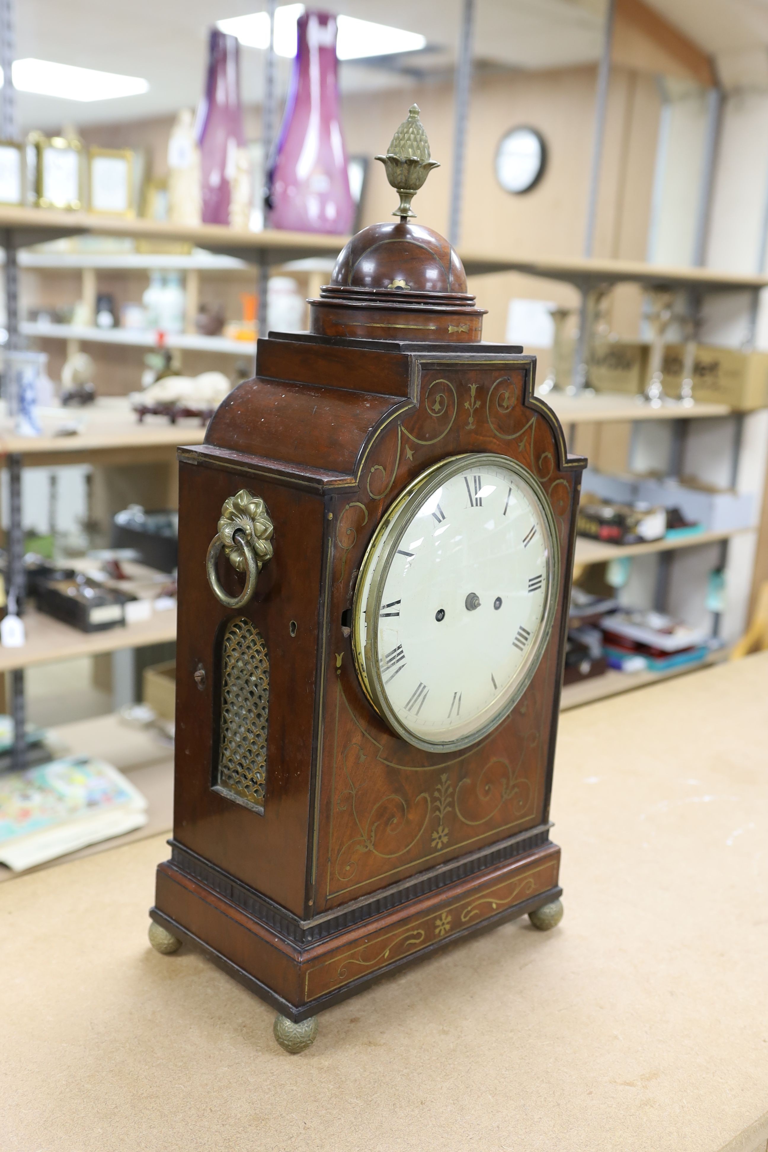 A late George III mahogany bracket clock with brass inlay, 65cm